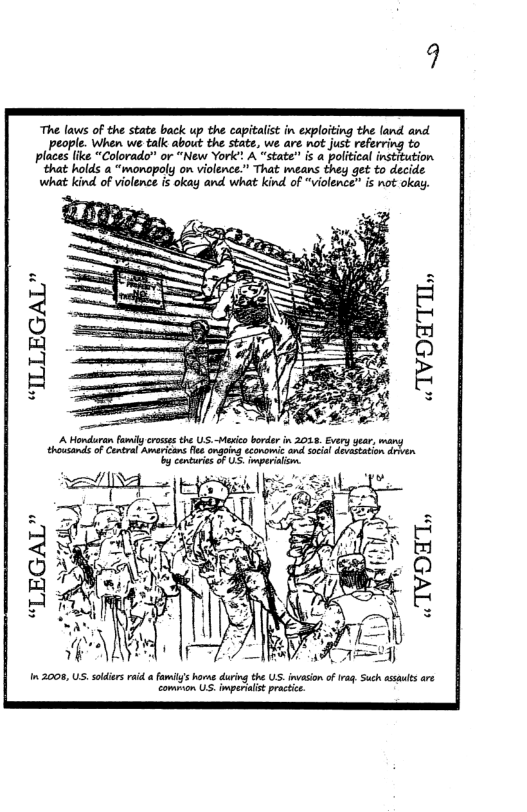 The laws of the state back up the capitalist in exploiting the land and people. When we talk about the state, we are not just referring to places like “Colorado” or “New York” A “state’ is a political institution that holds a “monapoly on violence.” That means they get to decide. what kind of violence is okay and what kind of “violence" is not okay. : JIVOITIL, A Hordari fail cross the S borde in 3033, Ery e, many o o G eyt B g o s i S S o et 2008, US, soldiers aid familys horn during the US. invason o common US. imparalst practice.